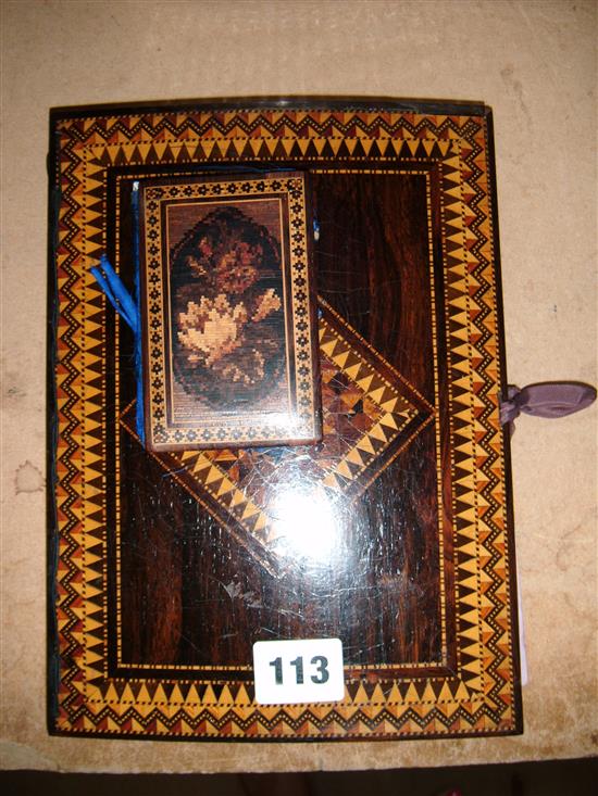 Tunbridge ware rosewood blotter cover and a similar note box cover